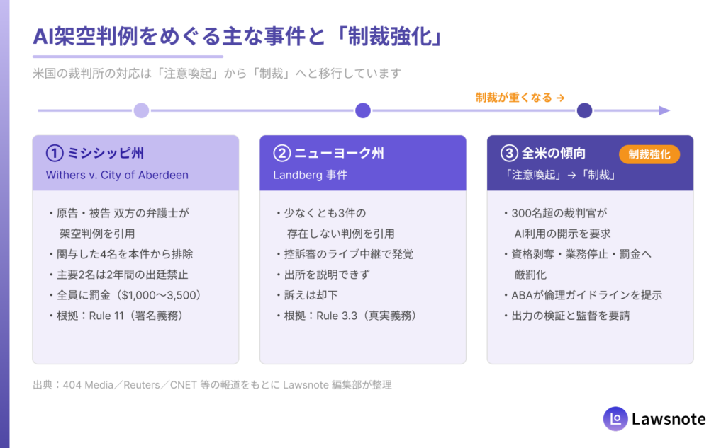 主要AI判例引用事件のタイムラインと裁判所による制裁強化の推移